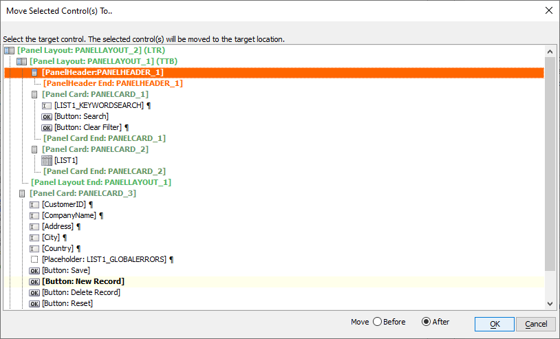 Moving the New Record button into the Search Part Panel
Header using the Move Selected Control(s) To dialog.